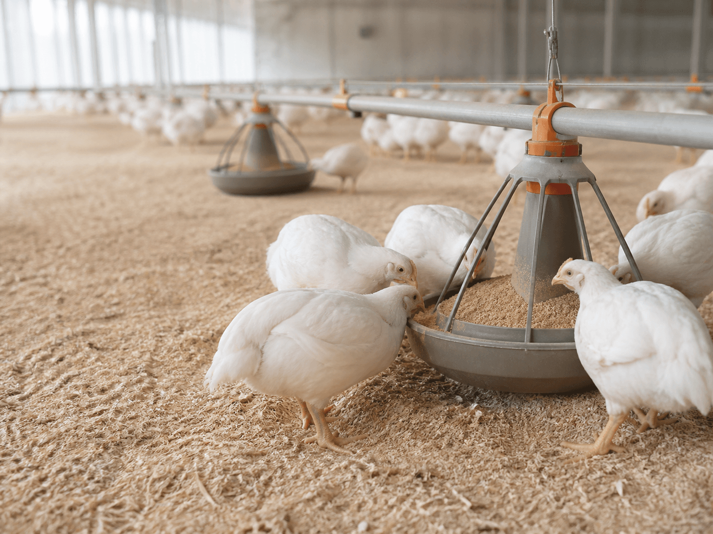 Pollos broiler comiendo de un comedero circular en un galpón avícola, sobre cama de viruta
