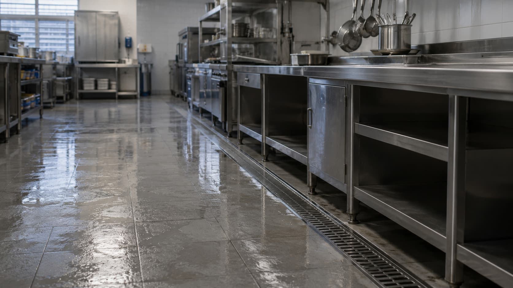 Zona de preparación de acero inoxidable en una cocina industrial, con la canaleta de drenaje corriendo en la base