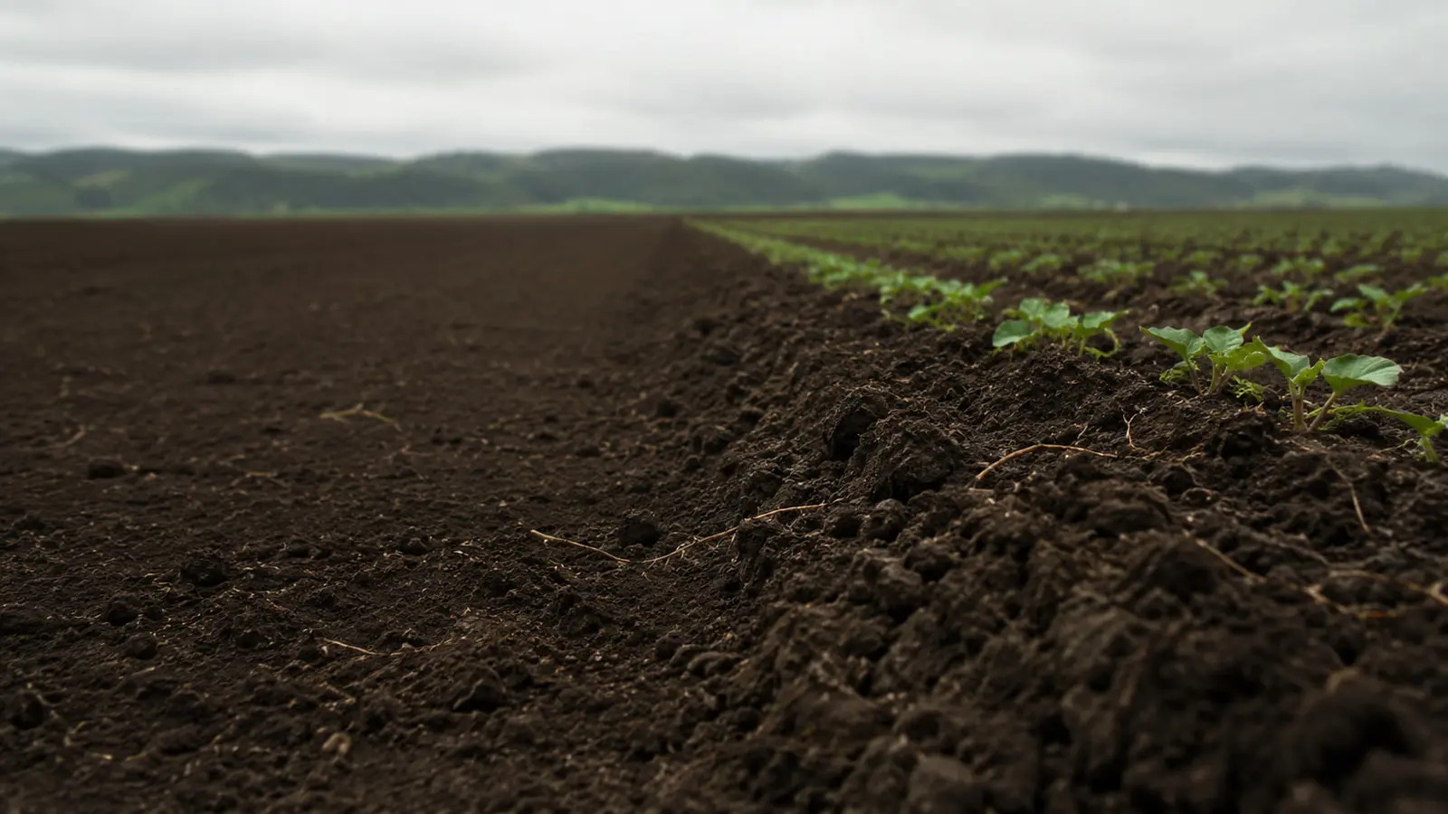 Suelo agrícola recién trabajado, con estructura de migas y las hileras del cultivo al fondo